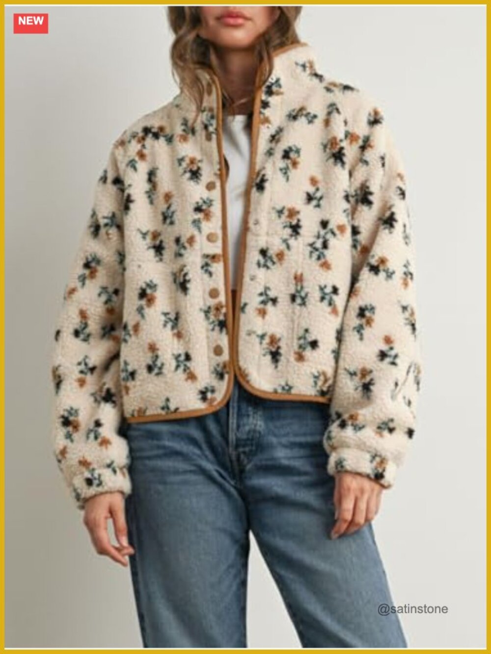 Womens Florals Print Fuzzy Faux Fur Teddy Jacket Snap Button Winter Coat - Picture 3 of 6